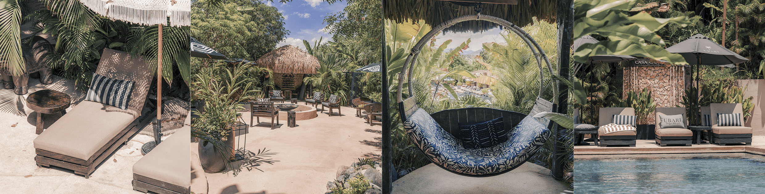 RESPONSIVE - Casa Candela Tropical poolside lounge with beige chaise loungers, striped cushions, and lush greenery.