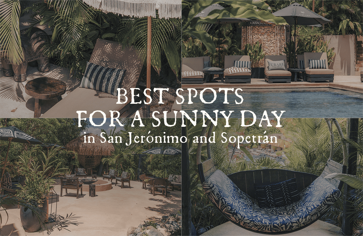 Collage of tropical resort scenes with poolside loungers, hammocks, and lush plants promoting sunny-day spots in San Jerónimo and Sopetrán.
