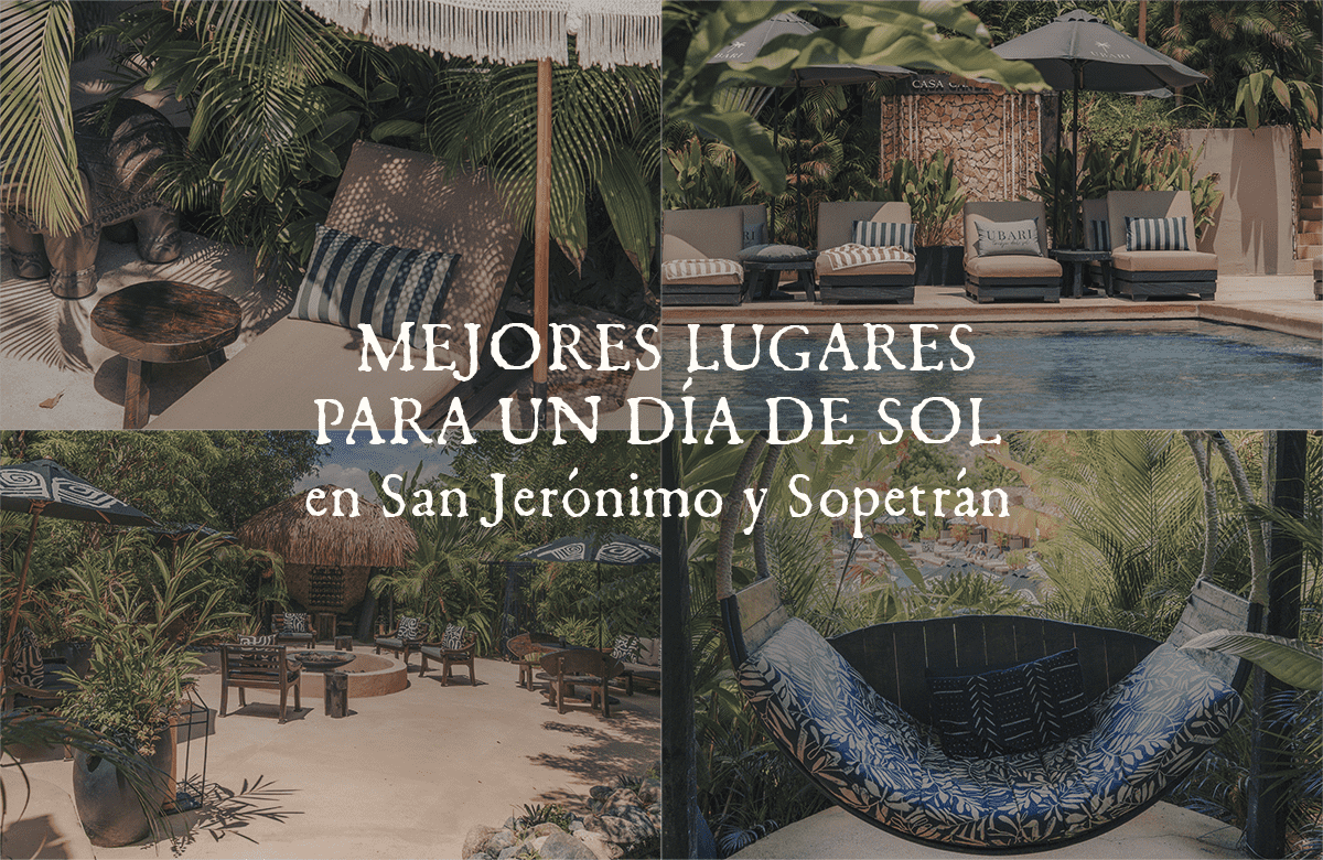 Collage of tropical resort scenes: pool, lounge beds, hammocks and lush plants with a sun-soaked, relaxing vibe; text overlay promotes sunny-day spots in San Jerónimo and Sopetrán.